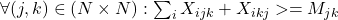 \forall (j,k) \in (N \times N): \sum_{i} X_{ijk} + X_{ikj} >= M_{jk}